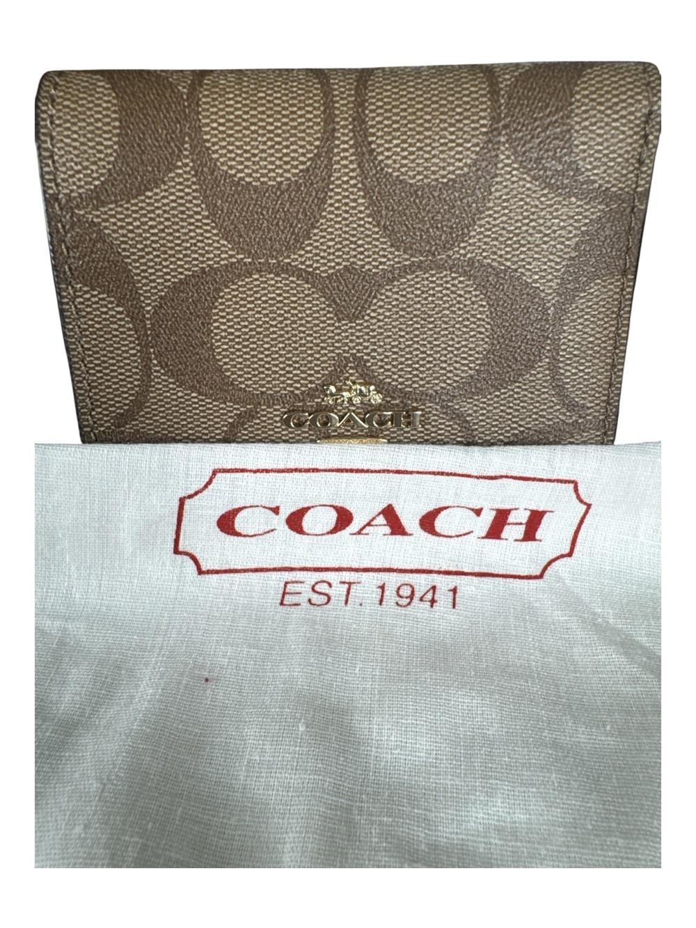 COACH Small Tri-Fold Wallet in Khaki and Gold Signature Coated Canvas - Picture 9 of 10